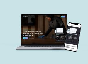 Laptop and smartphone displaying the redesigned Peartree Cleaning Services website, promoting commercial cleaning across London and the UK and the Peartree 360 client platform.