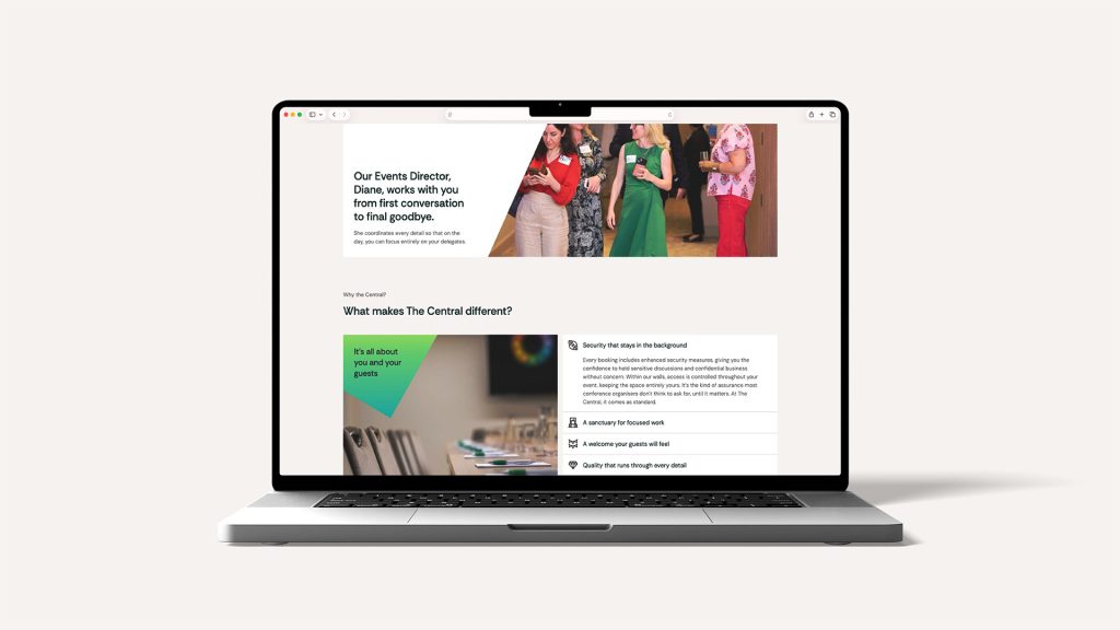 Laptop displaying The Central London website with content about hospitality, event planning and flexible venue spaces.