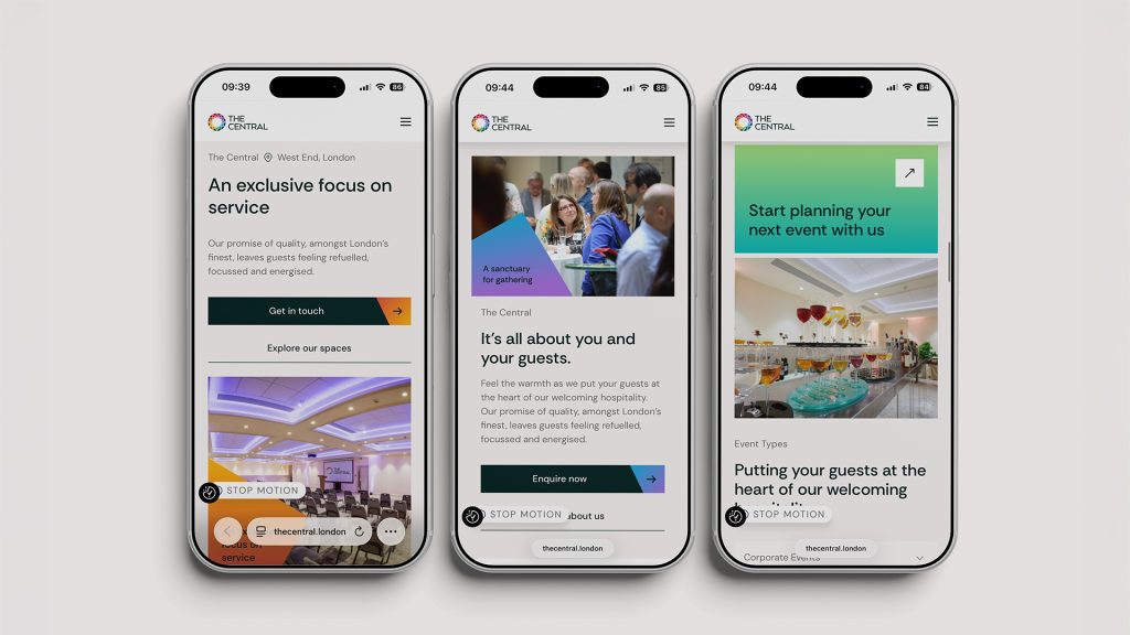 Three smartphones displaying responsive pages from The Central London events venue website, including service, hospitality and event-planning content.