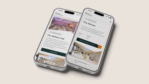 Two smartphones displaying The Central London venue pages for the Wolfson Hall and the Atrium, with event capacities and room details.
